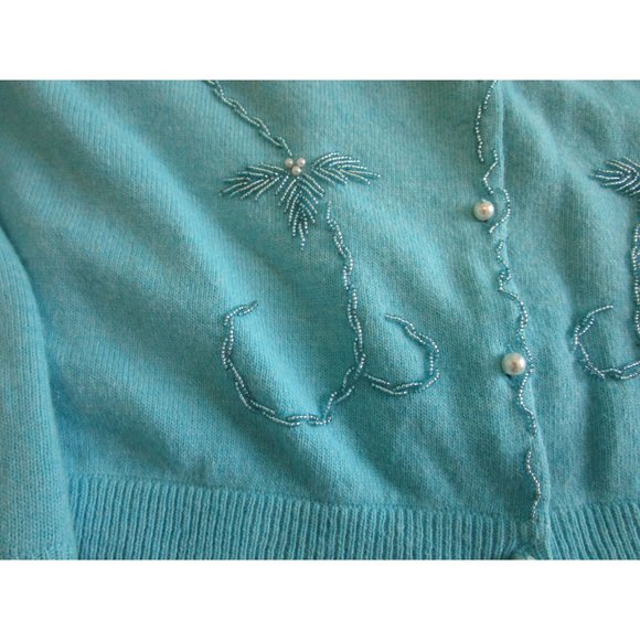 Lucky Brand Light Blue Beaded Cardigan Faux Pearl Button Wool Blend Ladies L EUC - Picture 8 of 16